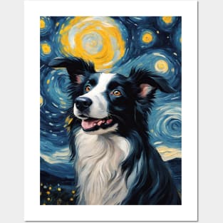 Adorable Border Collie Dog Breed Painting in a Van Gogh Starry Night Art Style Posters and Art